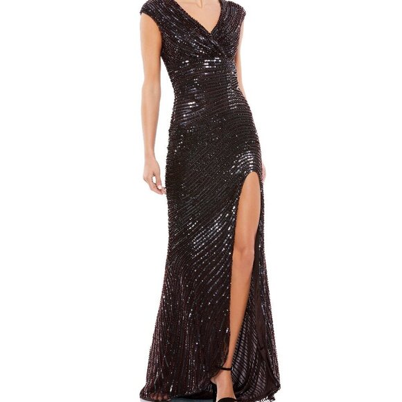 Mac Duggal Dark Brown Cap Sleeve Sequined Evening Gown